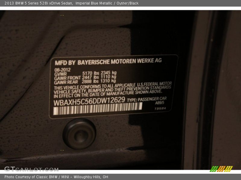 2013 5 Series 528i xDrive Sedan Imperial Blue Metallic Color Code A89