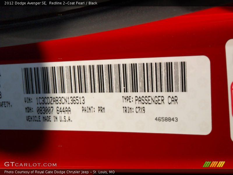 Redline 2-Coat Pearl / Black 2012 Dodge Avenger SE