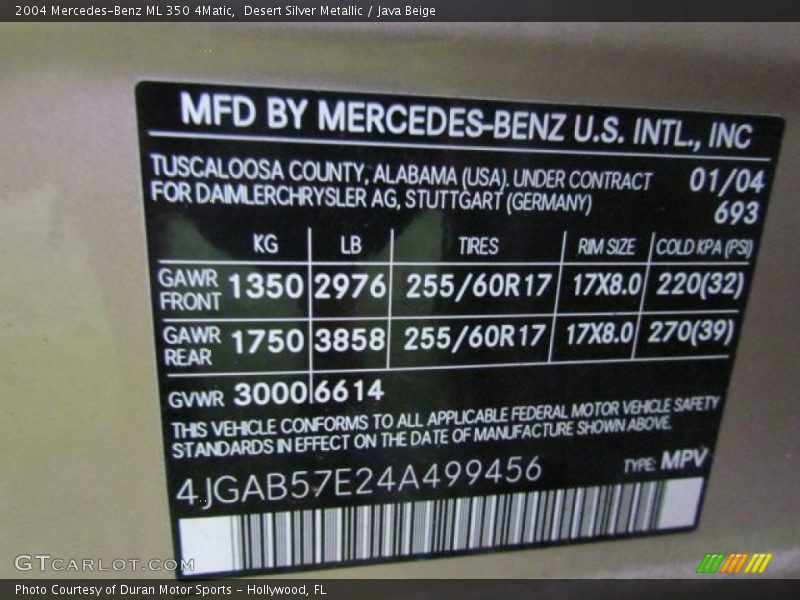 2004 ML 350 4Matic Desert Silver Metallic Color Code 693