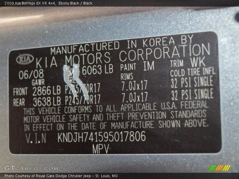 Ebony Black / Black 2009 Kia Borrego EX V6 4x4