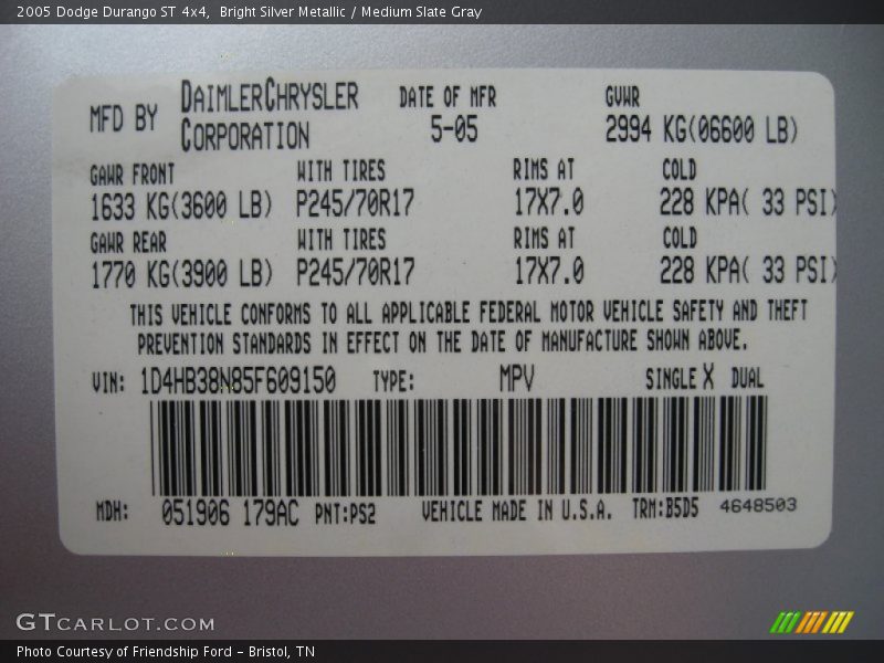 2005 Durango ST 4x4 Bright Silver Metallic Color Code PS2