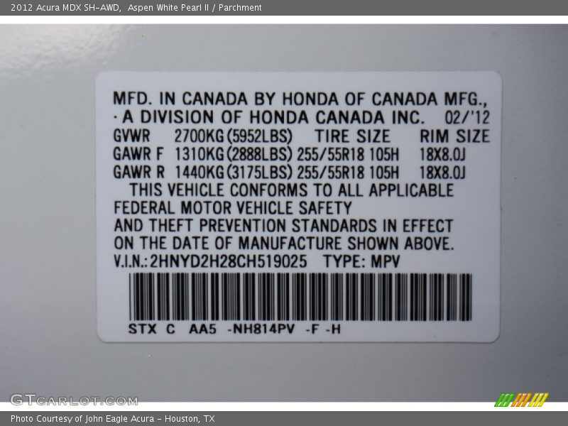 2012 MDX SH-AWD Aspen White Pearl II Color Code NH814PV