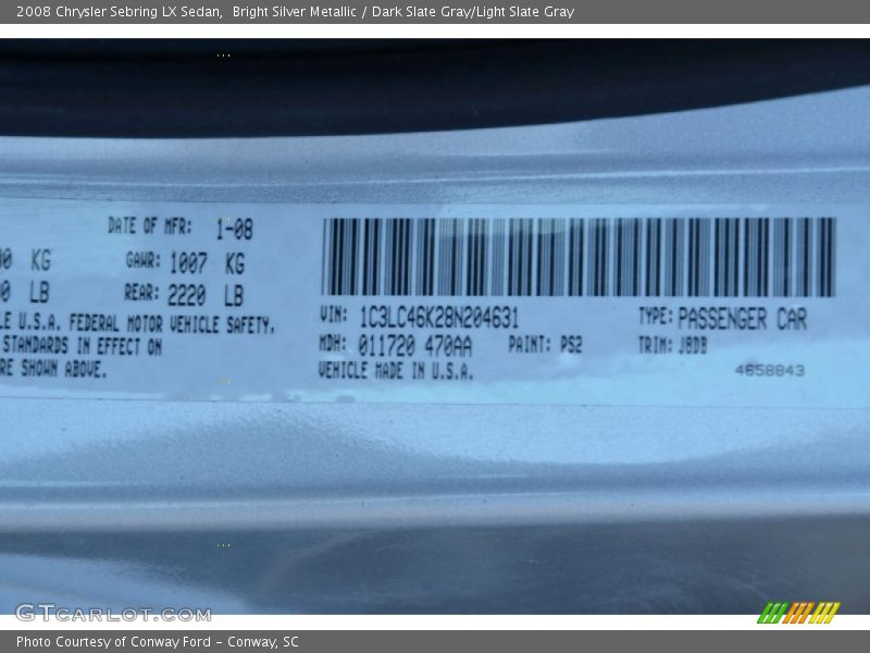 Bright Silver Metallic / Dark Slate Gray/Light Slate Gray 2008 Chrysler Sebring LX Sedan