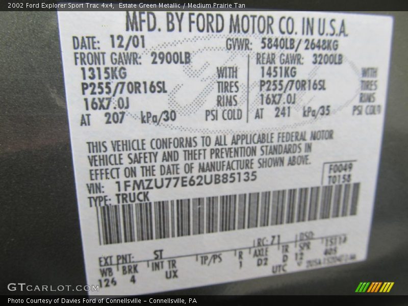 2002 Explorer Sport Trac 4x4 Estate Green Metallic Color Code ST