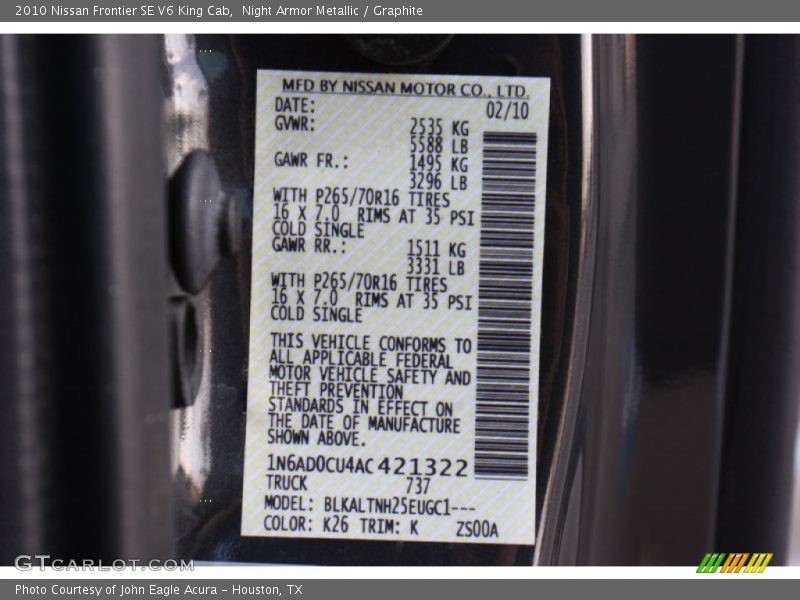 2010 Frontier SE V6 King Cab Night Armor Metallic Color Code K26