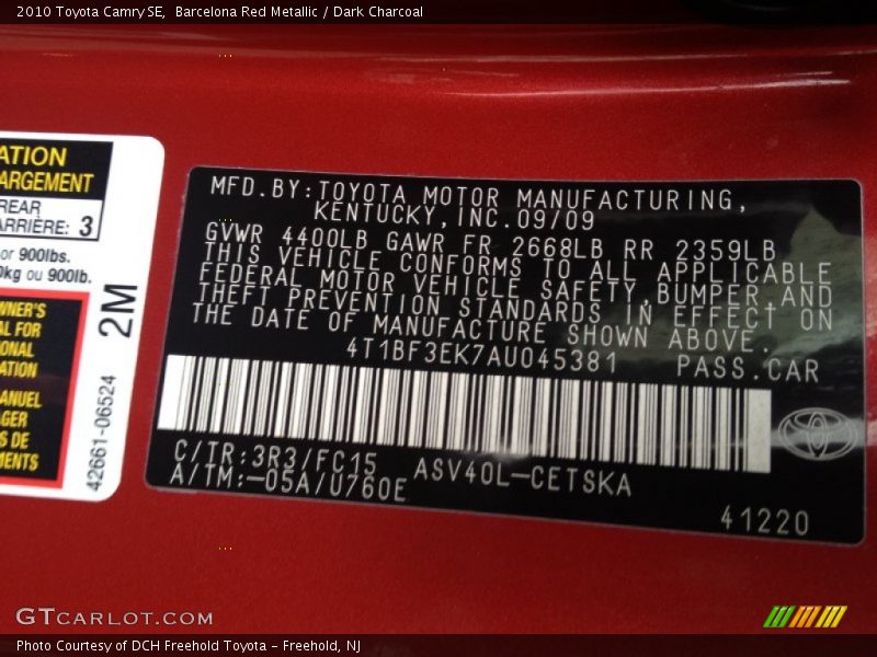 Barcelona Red Metallic / Dark Charcoal 2010 Toyota Camry SE