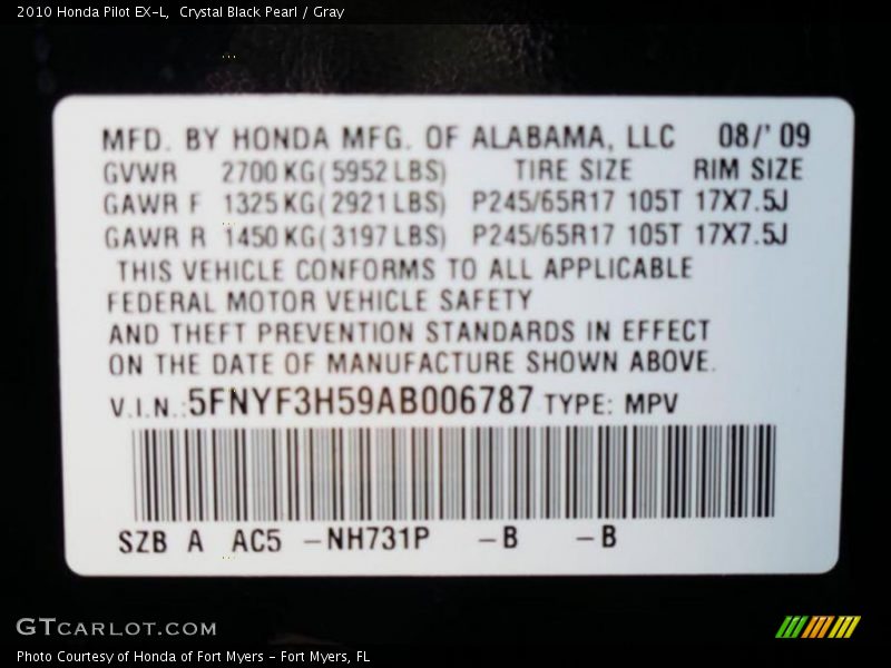 Crystal Black Pearl / Gray 2010 Honda Pilot EX-L