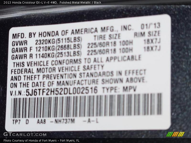2013 Crosstour EX-L V-6 4WD Polished Metal Metallic Color Code NH737M