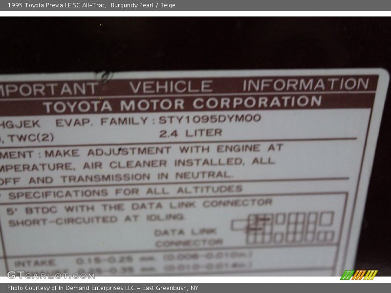 Info Tag of 1995 Previa LE SC All-Trac