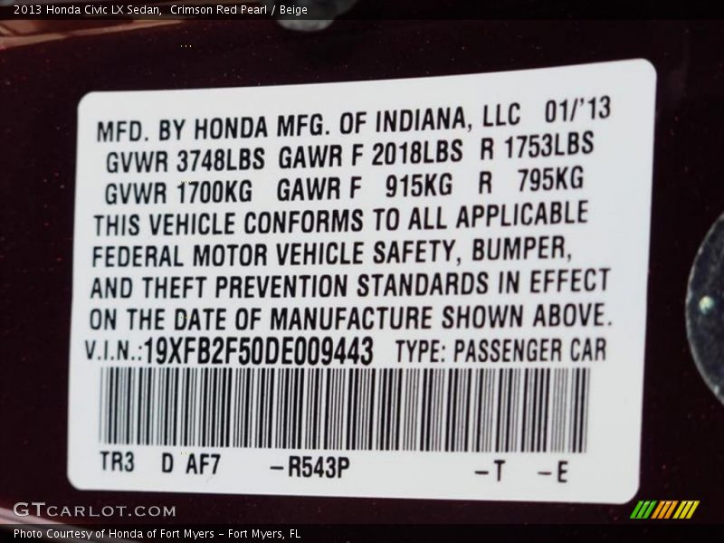 Crimson Red Pearl / Beige 2013 Honda Civic LX Sedan