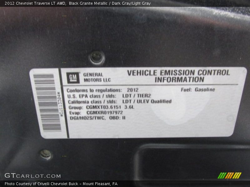 Black Granite Metallic / Dark Gray/Light Gray 2012 Chevrolet Traverse LT AWD