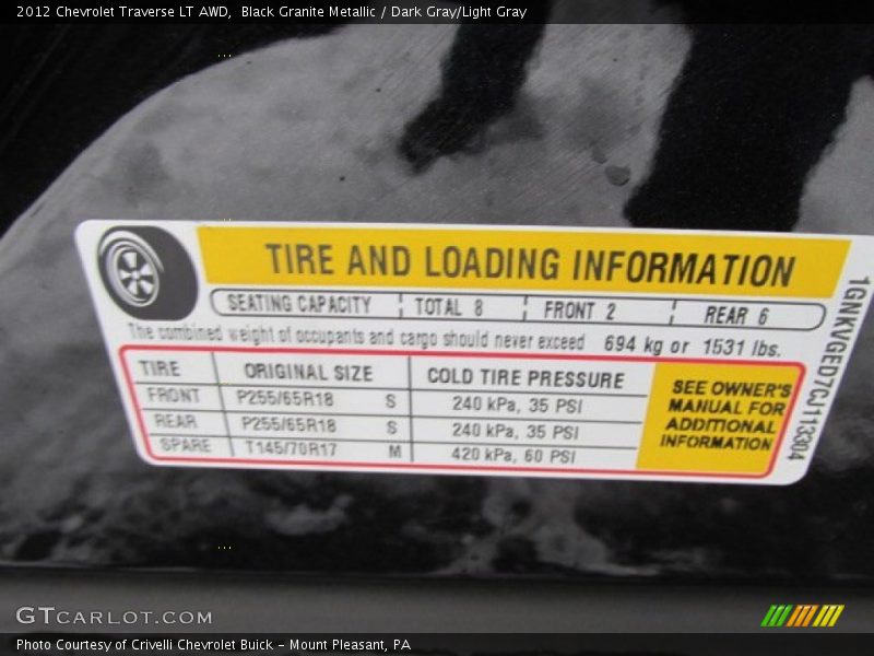 Black Granite Metallic / Dark Gray/Light Gray 2012 Chevrolet Traverse LT AWD
