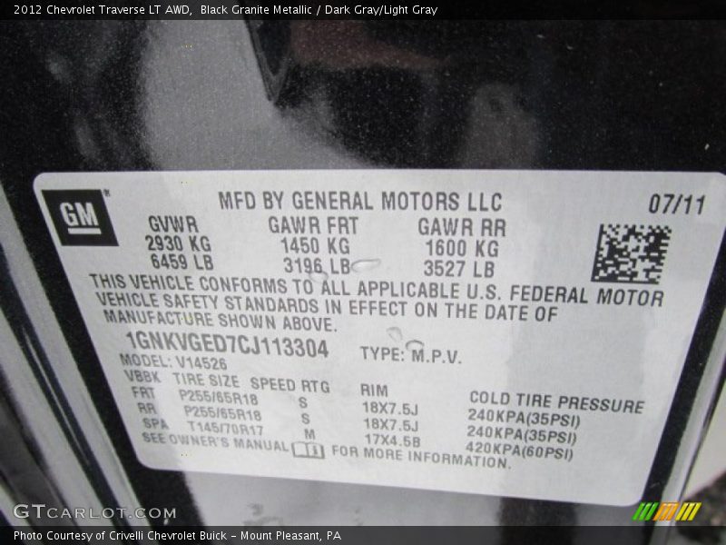 Black Granite Metallic / Dark Gray/Light Gray 2012 Chevrolet Traverse LT AWD