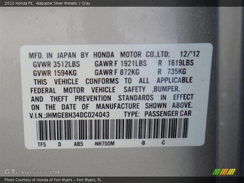 Alabaster Silver Metallic / Gray 2013 Honda Fit