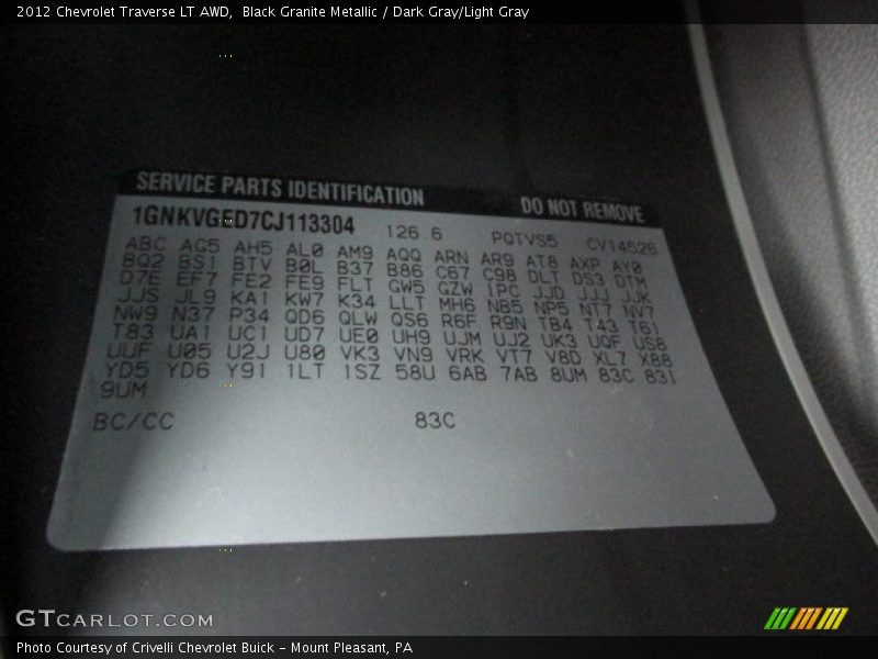 Black Granite Metallic / Dark Gray/Light Gray 2012 Chevrolet Traverse LT AWD