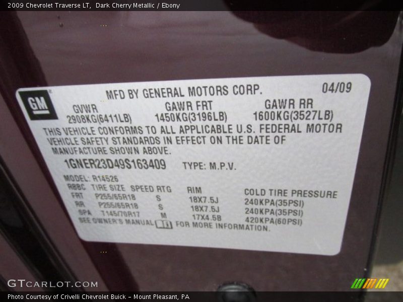 Dark Cherry Metallic / Ebony 2009 Chevrolet Traverse LT