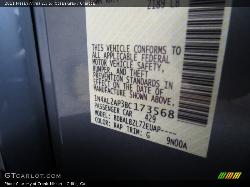 Ocean Gray / Charcoal 2011 Nissan Altima 2.5 S