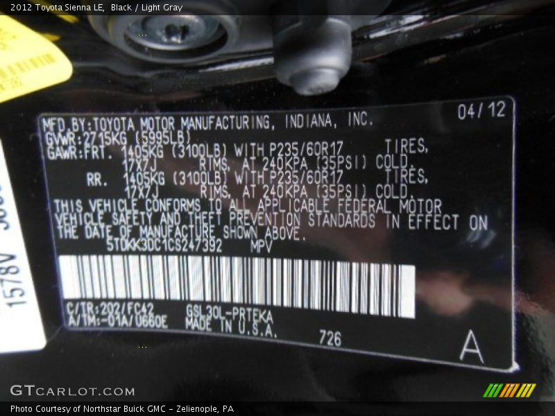 Black / Light Gray 2012 Toyota Sienna LE