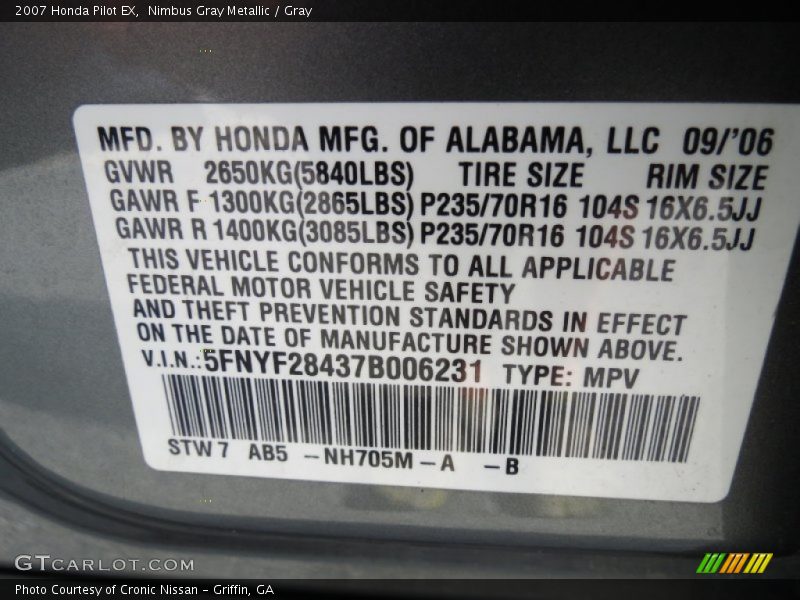 2007 Pilot EX Nimbus Gray Metallic Color Code NH705M