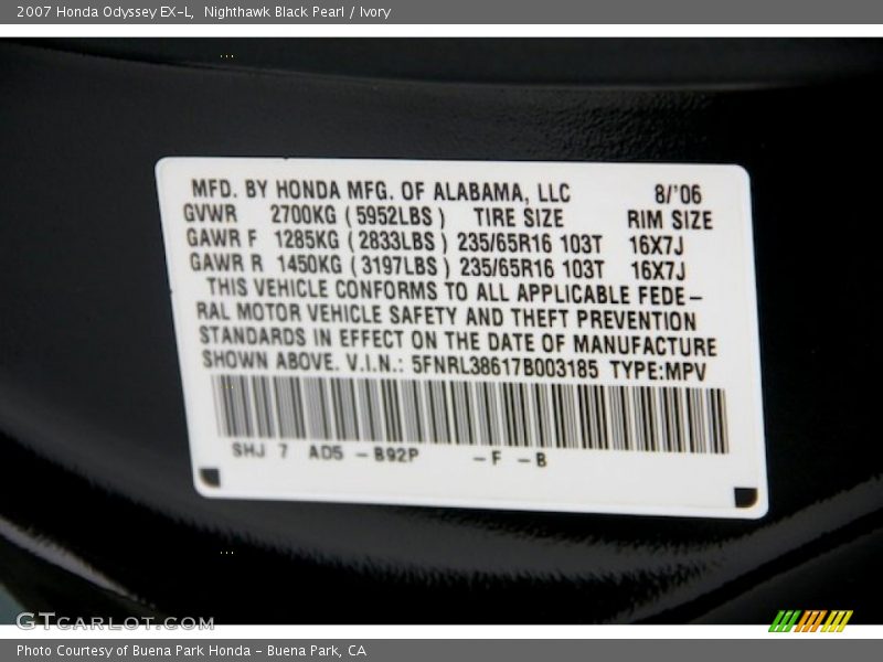 Nighthawk Black Pearl / Ivory 2007 Honda Odyssey EX-L