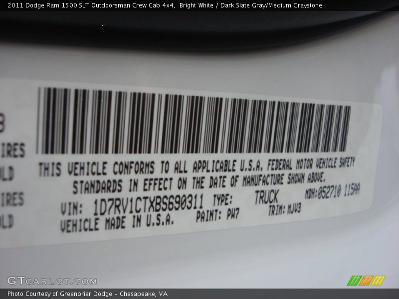 Bright White / Dark Slate Gray/Medium Graystone 2011 Dodge Ram 1500 SLT Outdoorsman Crew Cab 4x4