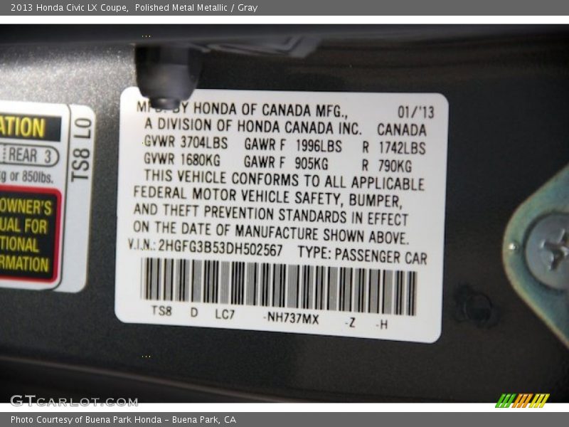2013 Civic LX Coupe Polished Metal Metallic Color Code NH737MX
