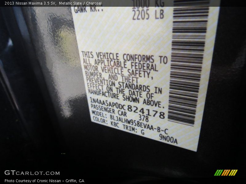Metallic Slate / Charcoal 2013 Nissan Maxima 3.5 SV
