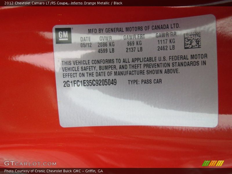 Inferno Orange Metallic / Black 2012 Chevrolet Camaro LT/RS Coupe