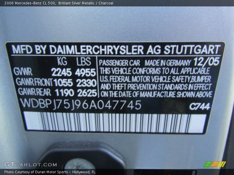 Brilliant Silver Metallic / Charcoal 2006 Mercedes-Benz CL 500