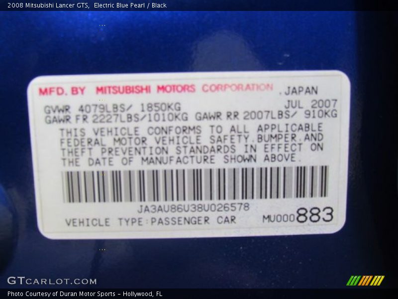 Info Tag of 2008 Lancer GTS