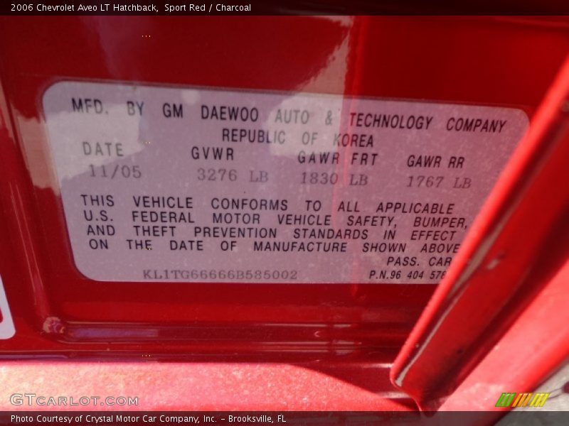 Info Tag of 2006 Aveo LT Hatchback