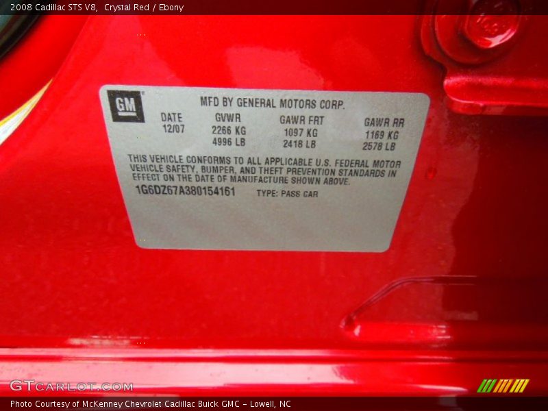 Crystal Red / Ebony 2008 Cadillac STS V8
