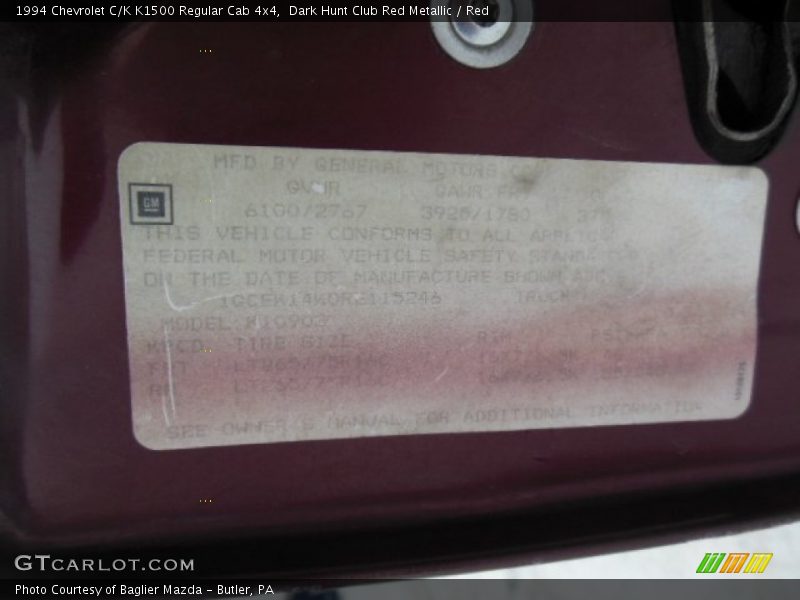 Dark Hunt Club Red Metallic / Red 1994 Chevrolet C/K K1500 Regular Cab 4x4