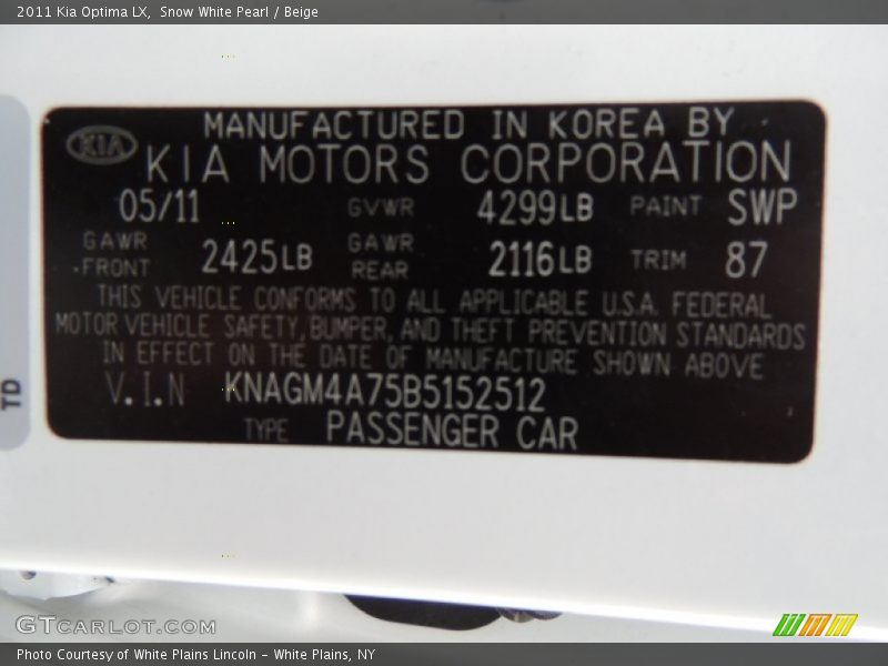 Snow White Pearl / Beige 2011 Kia Optima LX