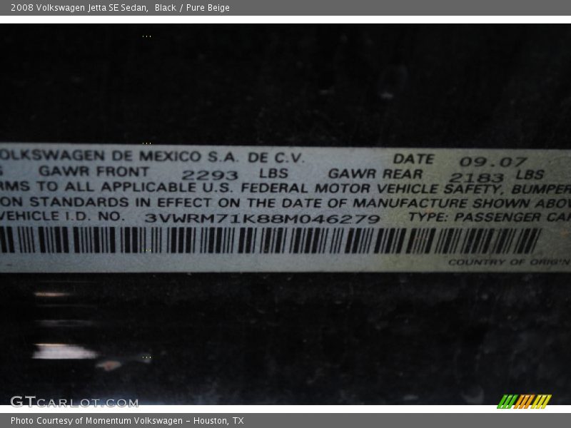 Black / Pure Beige 2008 Volkswagen Jetta SE Sedan