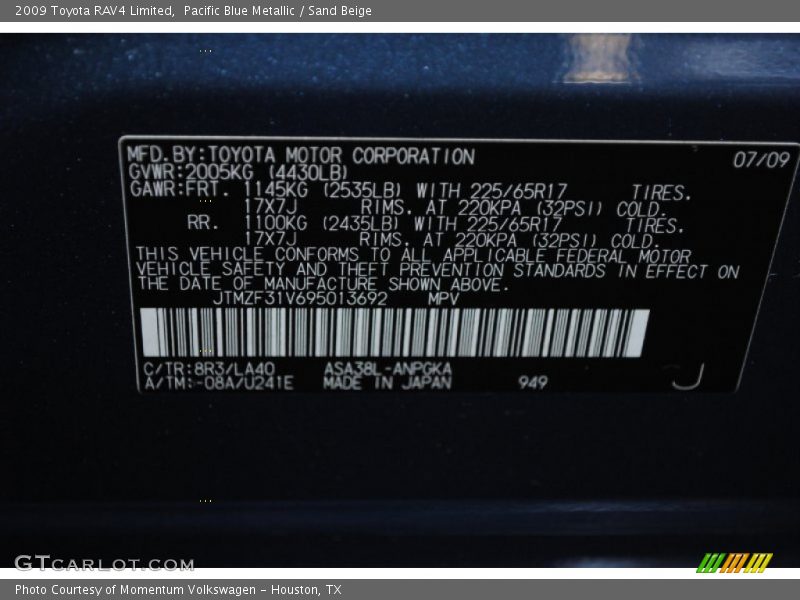 Pacific Blue Metallic / Sand Beige 2009 Toyota RAV4 Limited