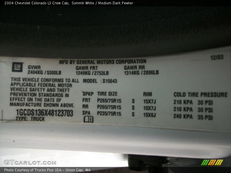 Summit White / Medium Dark Pewter 2004 Chevrolet Colorado LS Crew Cab