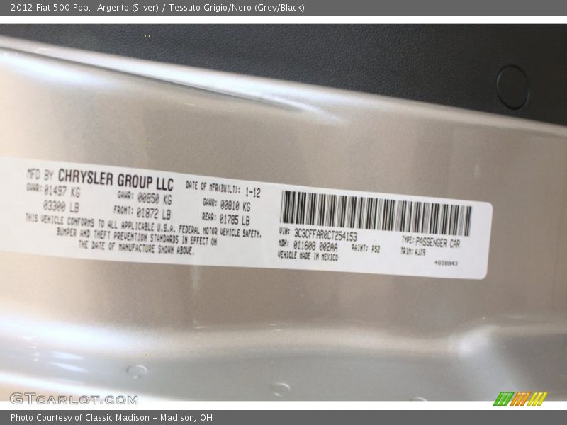 Argento (Silver) / Tessuto Grigio/Nero (Grey/Black) 2012 Fiat 500 Pop