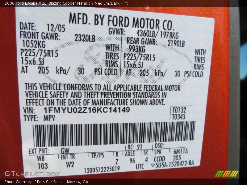 2006 Escape XLS Blazing Copper Metallic Color Code GW