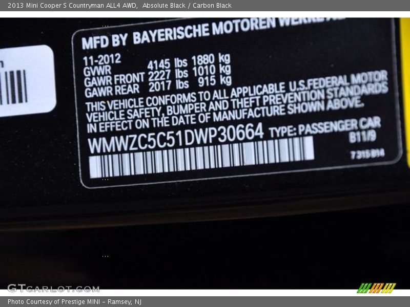 2013 Cooper S Countryman ALL4 AWD Absolute Black Color Code B11