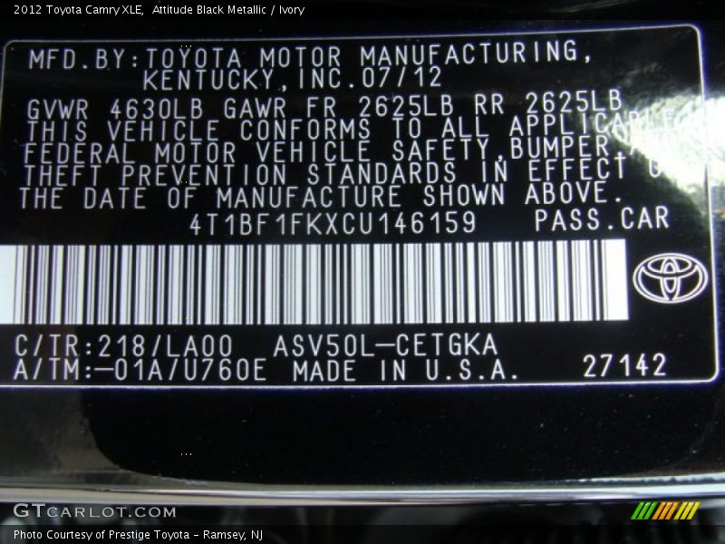 2012 Camry XLE Attitude Black Metallic Color Code 218