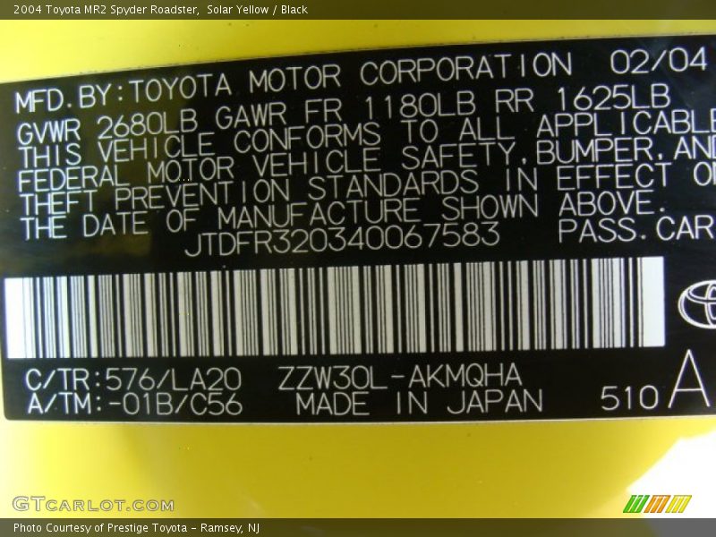 2004 MR2 Spyder Roadster Solar Yellow Color Code 576