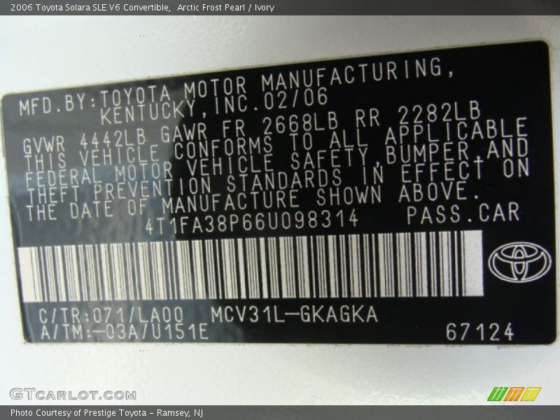 Arctic Frost Pearl / Ivory 2006 Toyota Solara SLE V6 Convertible