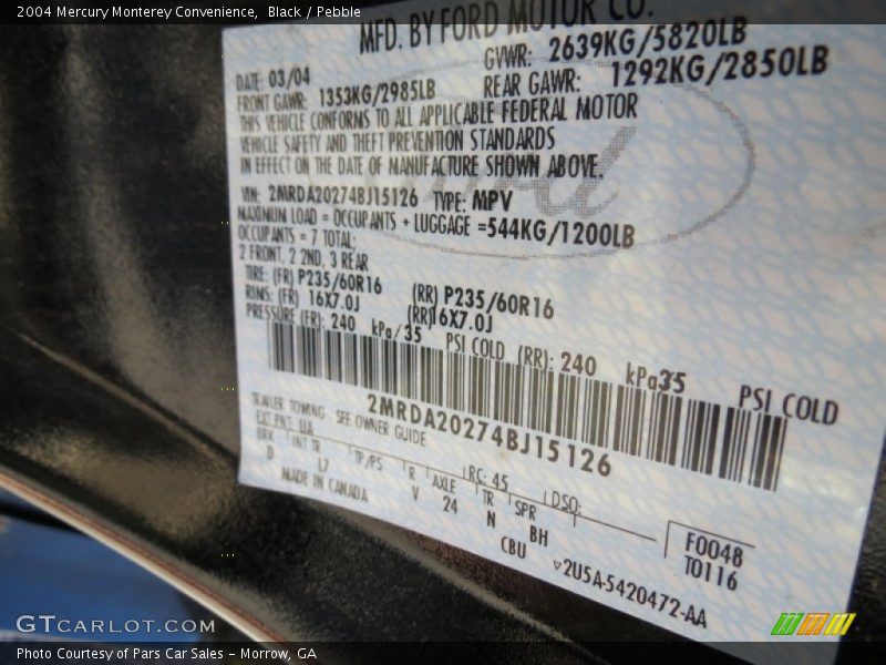 2004 Monterey Convenience Black Color Code UA