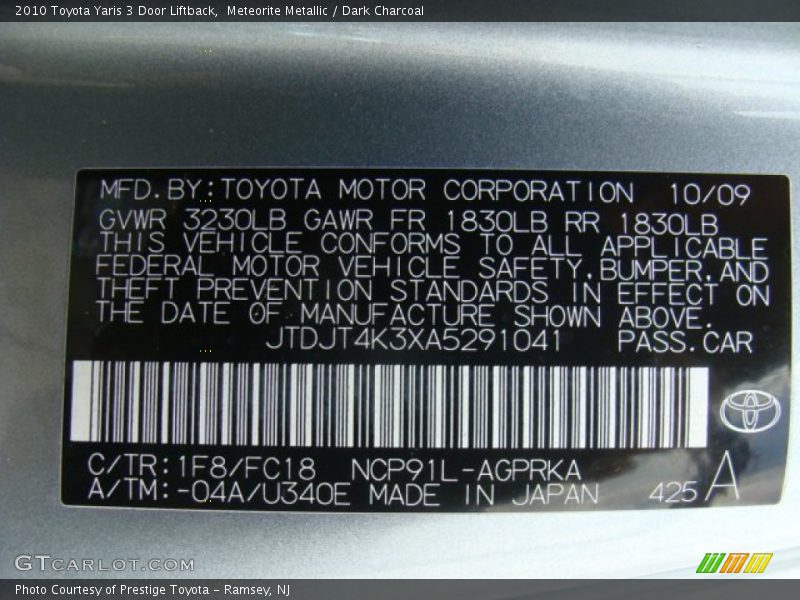 Meteorite Metallic / Dark Charcoal 2010 Toyota Yaris 3 Door Liftback