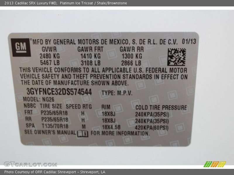 Platinum Ice Tricoat / Shale/Brownstone 2013 Cadillac SRX Luxury FWD