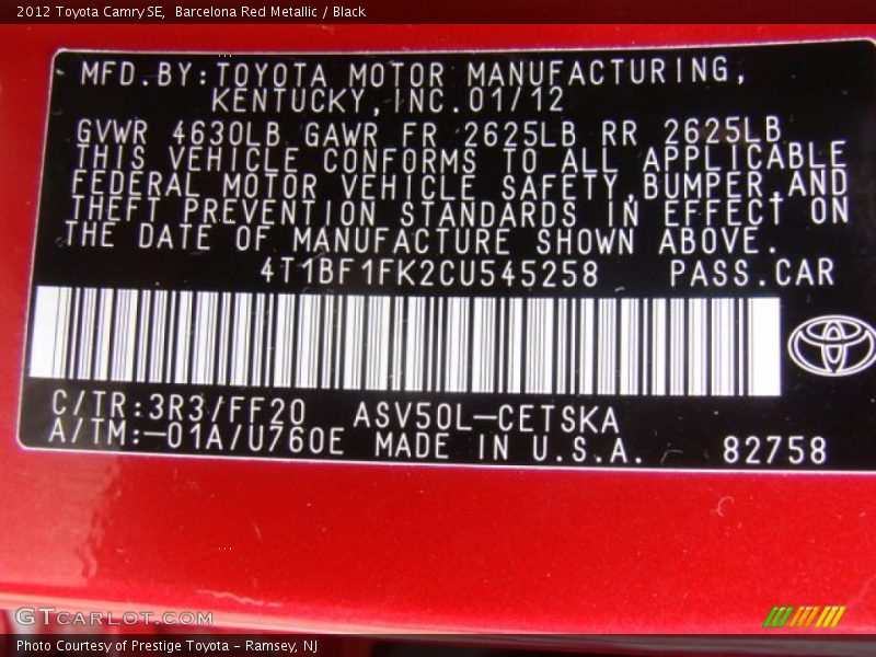 Barcelona Red Metallic / Black 2012 Toyota Camry SE