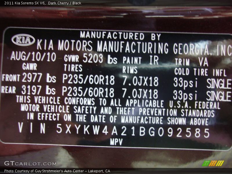 Dark Cherry / Black 2011 Kia Sorento SX V6