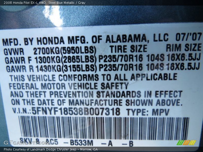 2008 Pilot EX-L 4WD Steel Blue Metallic Color Code B533M