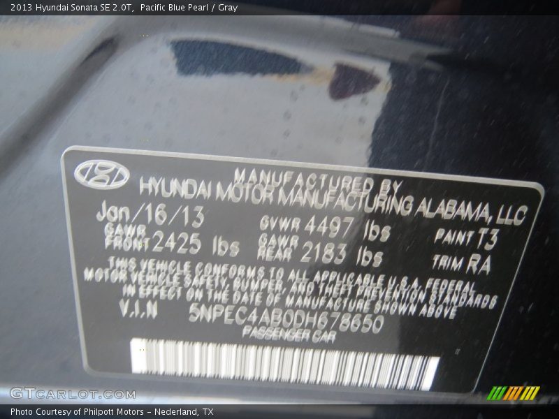 Pacific Blue Pearl / Gray 2013 Hyundai Sonata SE 2.0T